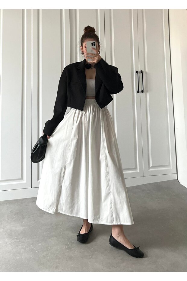 Long Elastic Waist Skirt with Flannel Pockets, Non-See-Through Poplin Fabric Seasonal Skirt (90cm)