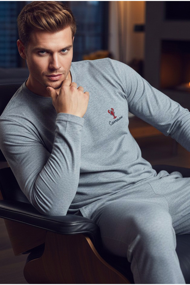 Blue Melange Long Sleeve Knitted Men's Pajama Suit7795