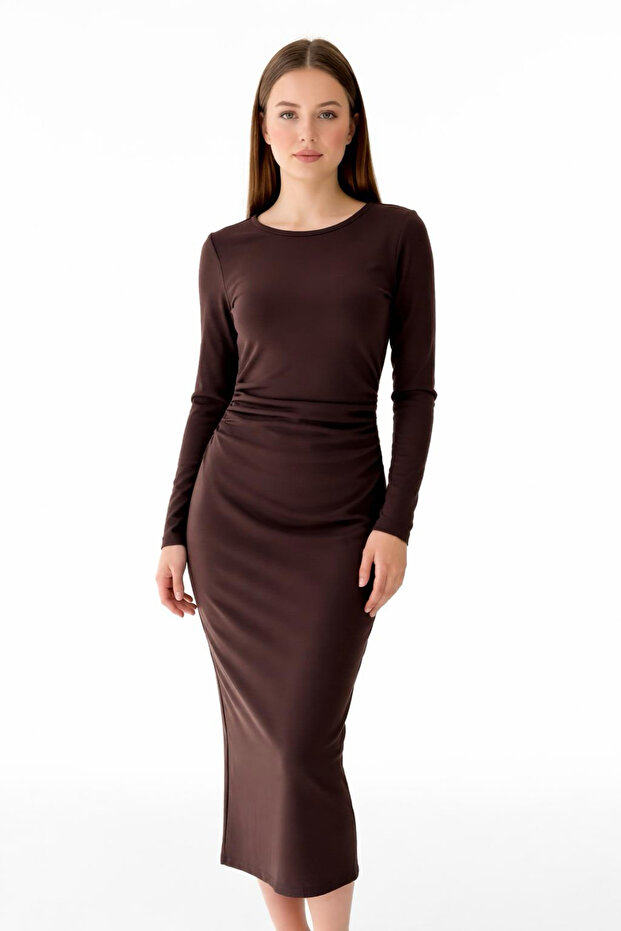 Women's Long Sleeve Modal Fabric Bodycon Midi Dress – Stylish Evening & Casual Model