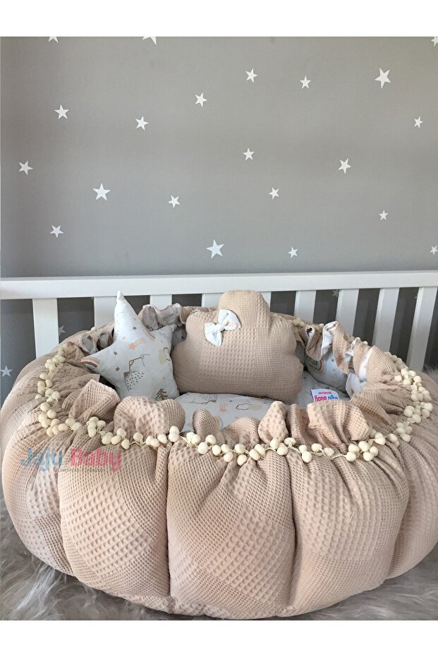 Jaju Baby Wafle Pike Ve Gökkuşağı Desenli Babynest Tasarım Açılır - Kapanır Oyun Minderi Bebek Yuvası