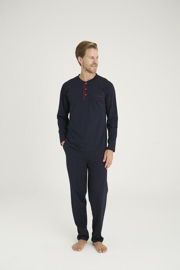 Premium Men's Large Size Comfortable Fit 100% Cotton Midi Collar Long Sleeve Pajama Set