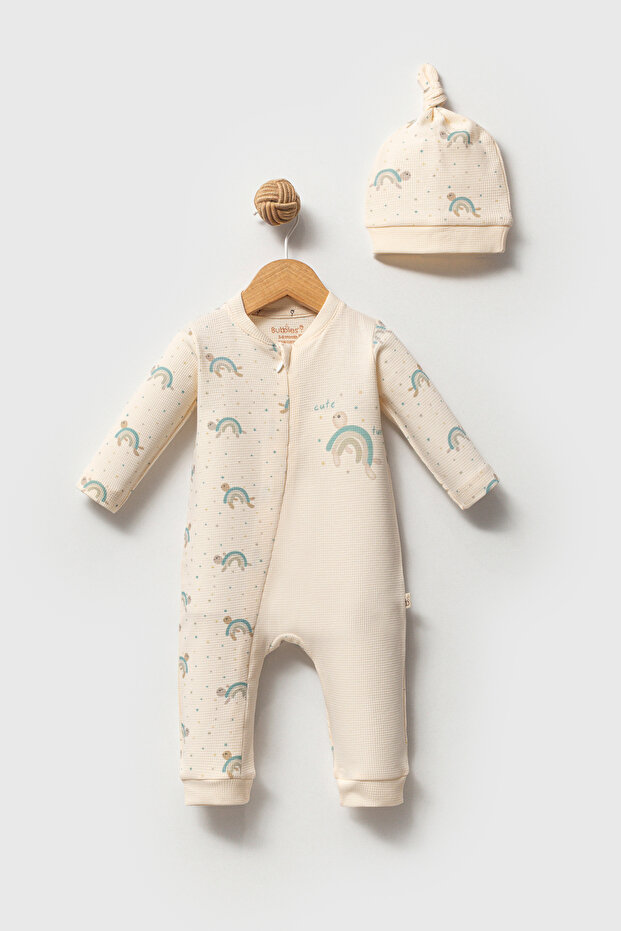 CUTE TURTLE 100% ORGANIC COTTON WAFFLE FABRIC BABY ZIPPERED JUMPSUIT