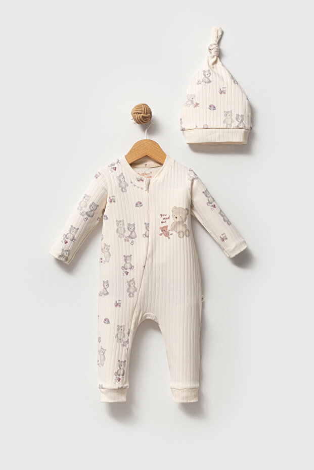 %100 Organic Cotton You and Me Teddy Bear Baby Zippered Jumpsuit