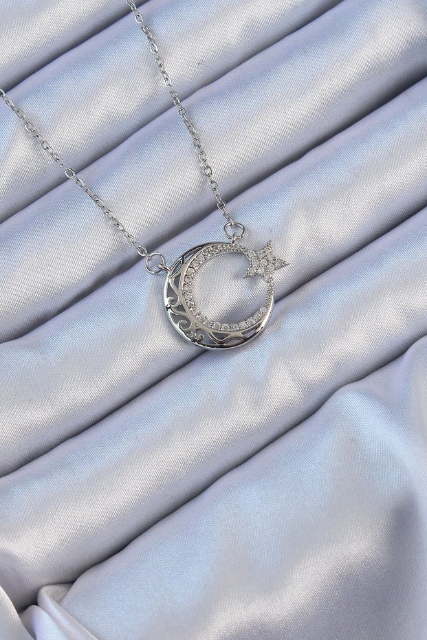 316L Steel Chain Silver Color Zircon Stone Motif Moon Star Necklace