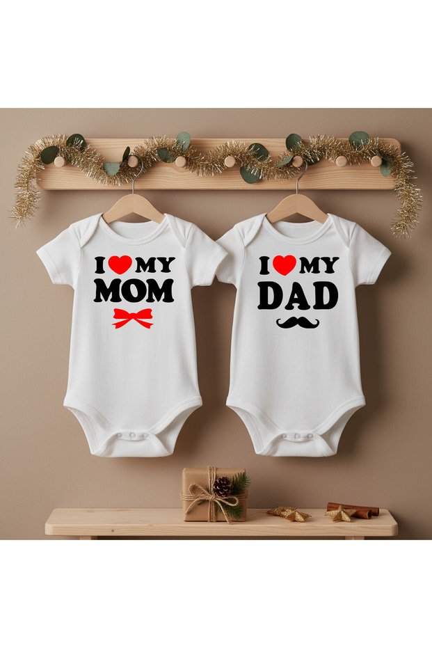 I Love Mom Dad Cotton Unisex Snap Fastener Twin Baby Bodysuit