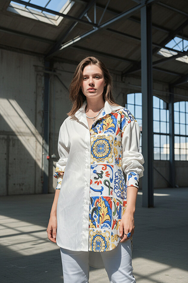 Beyaz Çini Desen Gömlek - 3