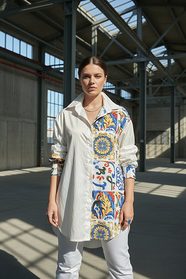 Beyaz Çini Desen Gömlek - 1