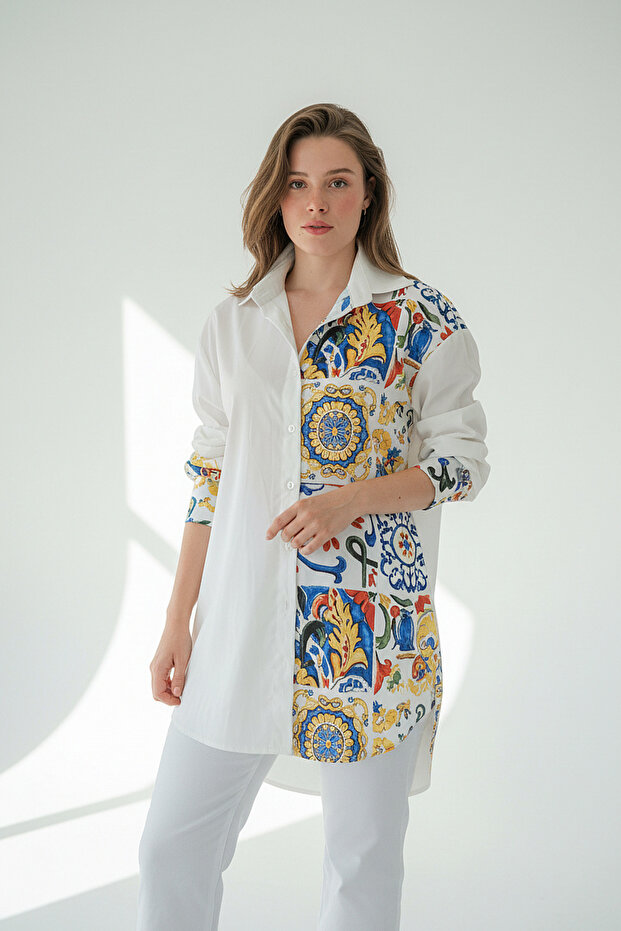 Beyaz Çini Desen Gömlek - 4