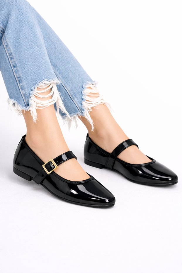 Patent Leather Black Women's Ballet Shoes with Gold Buckle, Stylish, Lightweight, Orthopedic, Noiseless Sole Stc1195