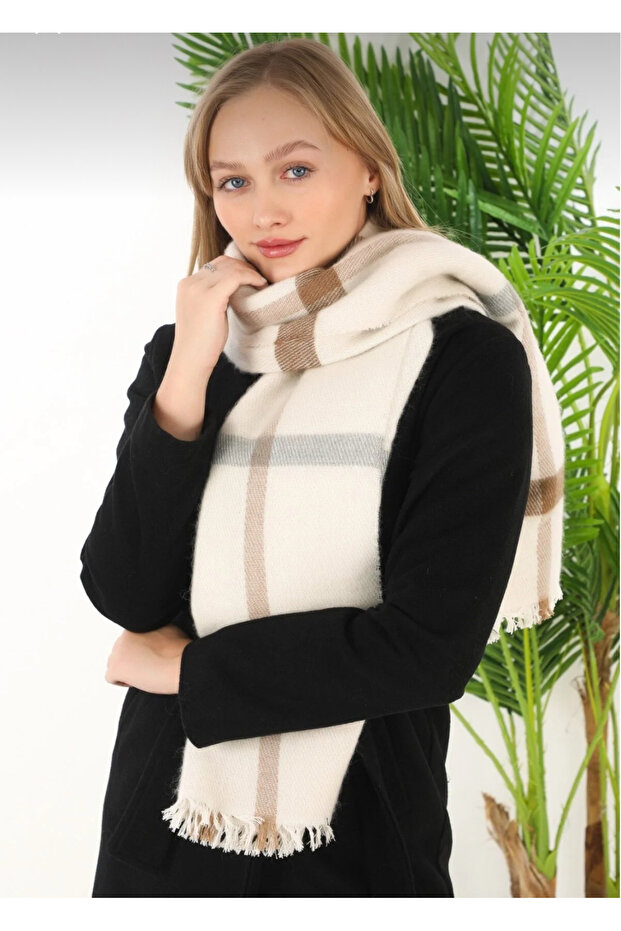 Women's Shawl / Scarf White Striped Plaid - Çe1003