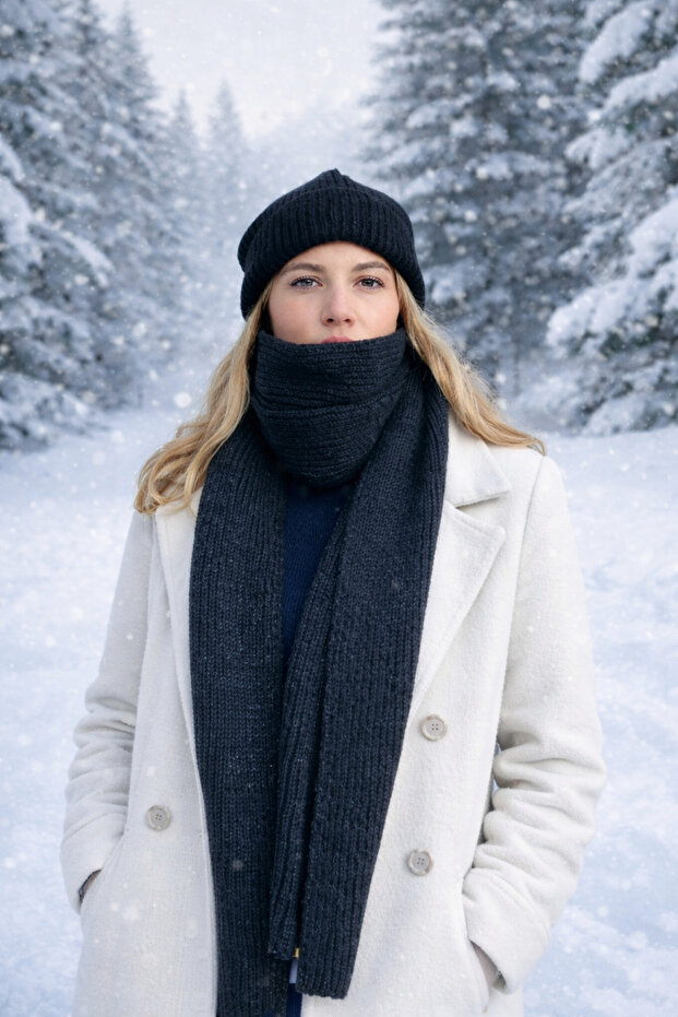 Unisex Wool Corded Scarf & Beanie Set