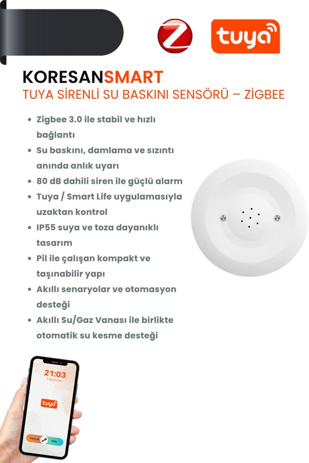 Tuya Sirenli Su Baskını Sensörü – Zigbee