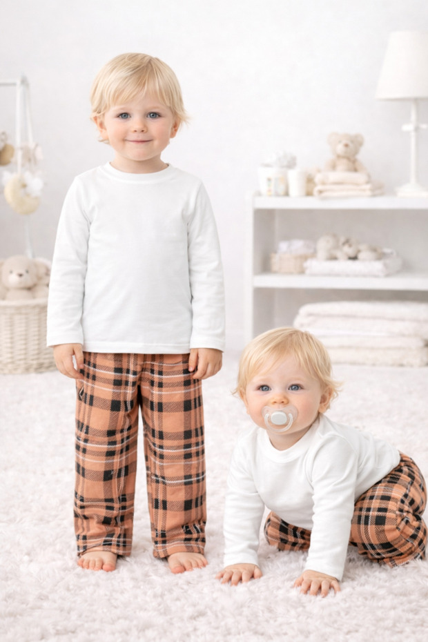 Children's Baby Pajama Set Long Sleeve Brown Plaid