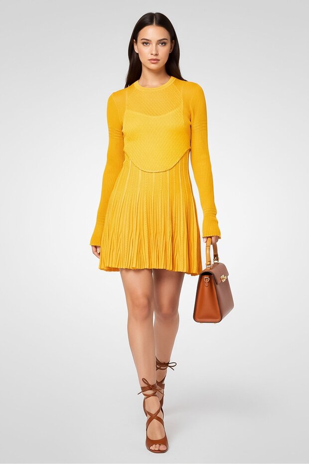 Women Knit Pleated Mini Dress, Golden Yellow