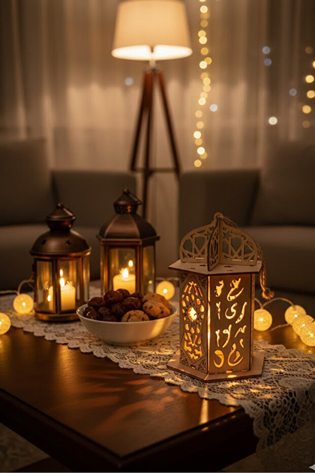 Ramadan Lantern With LED Light Beige 12cm - 1