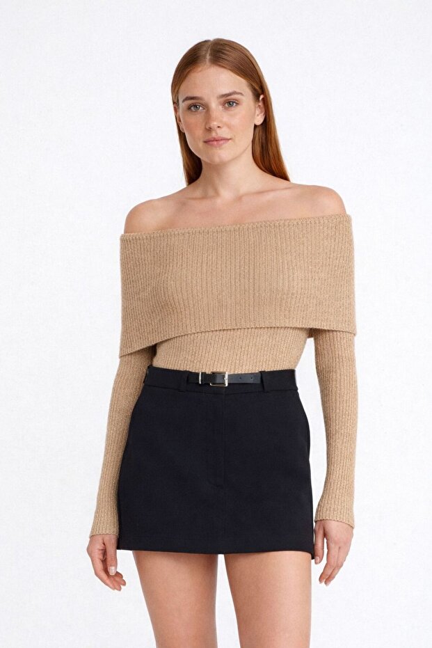 10705 Bardot yaka pullu Fitilli Triko Kazak - 1