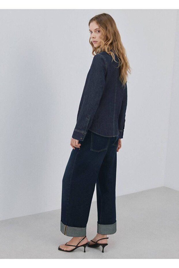Bağcıklı denim gömlek - 4