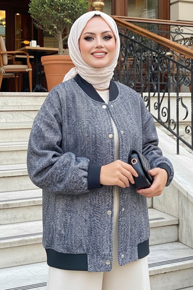Buttoned Navy Blue Hijab Bomber Jacket 9263L