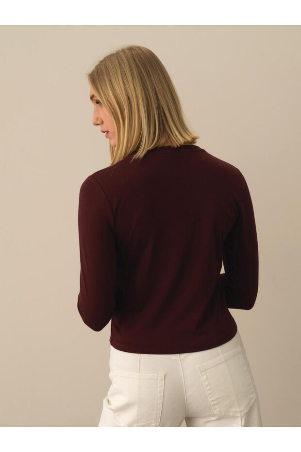 Kadın Bordo Slim Fit Modal Basic Tişört - 2