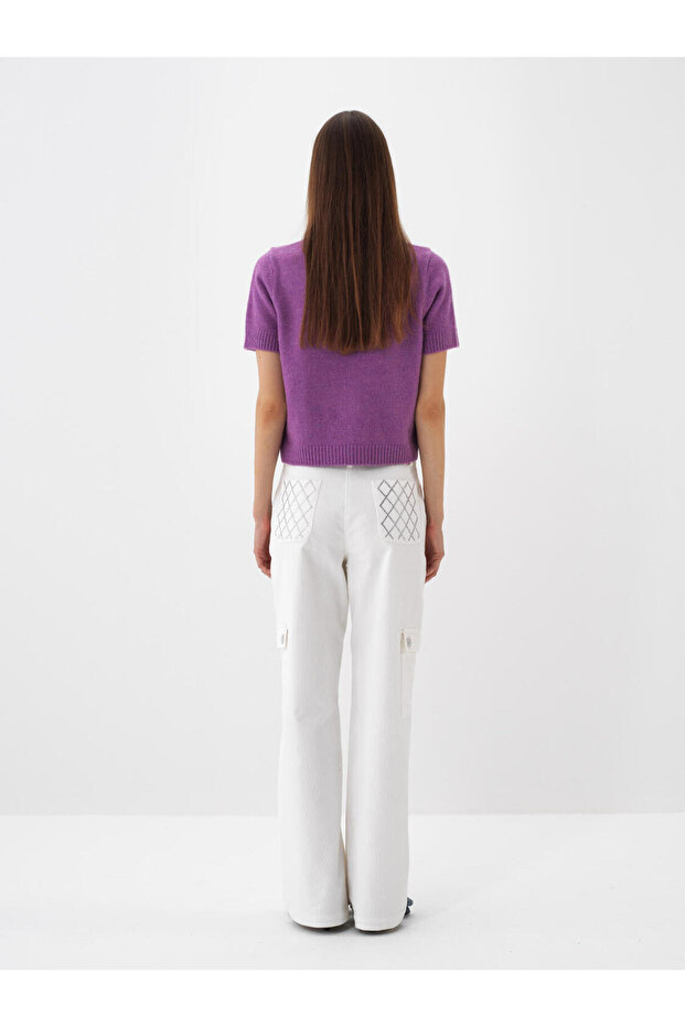 Kadın Mor Mohair Kısa Kol Basic Kazak - 3