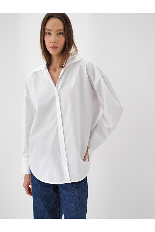 Kadın Beyaz %100 Pamuk Basic Gömlek - 1