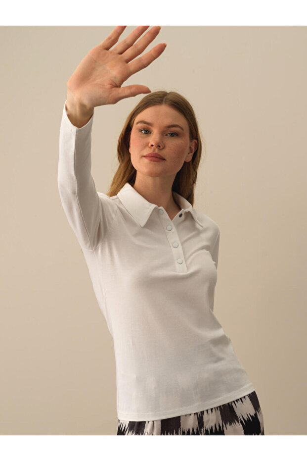 Kadın Beyaz Polo Yaka Modal Basic Tişört - 1