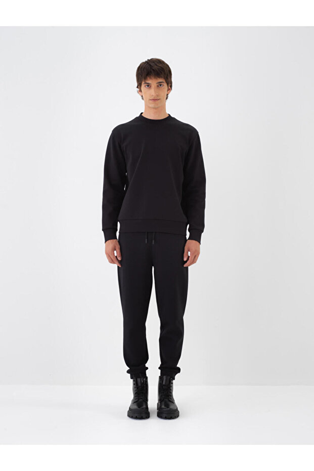 Erkek Siyah Pamuklu Basıc Sweatshirt - 4