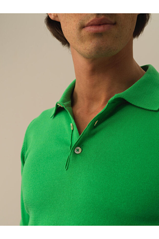 Erkek Yeşil Polo Yaka Regular Fit Basic Kazak - 2