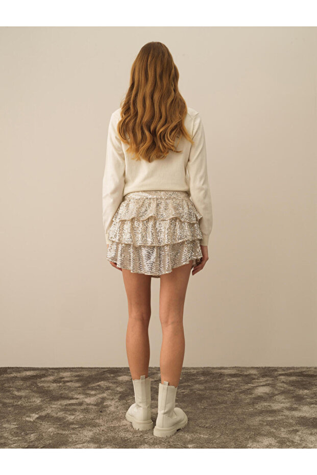 Kadın Bej Regular Fit Pullu Şortlu Etek - 4