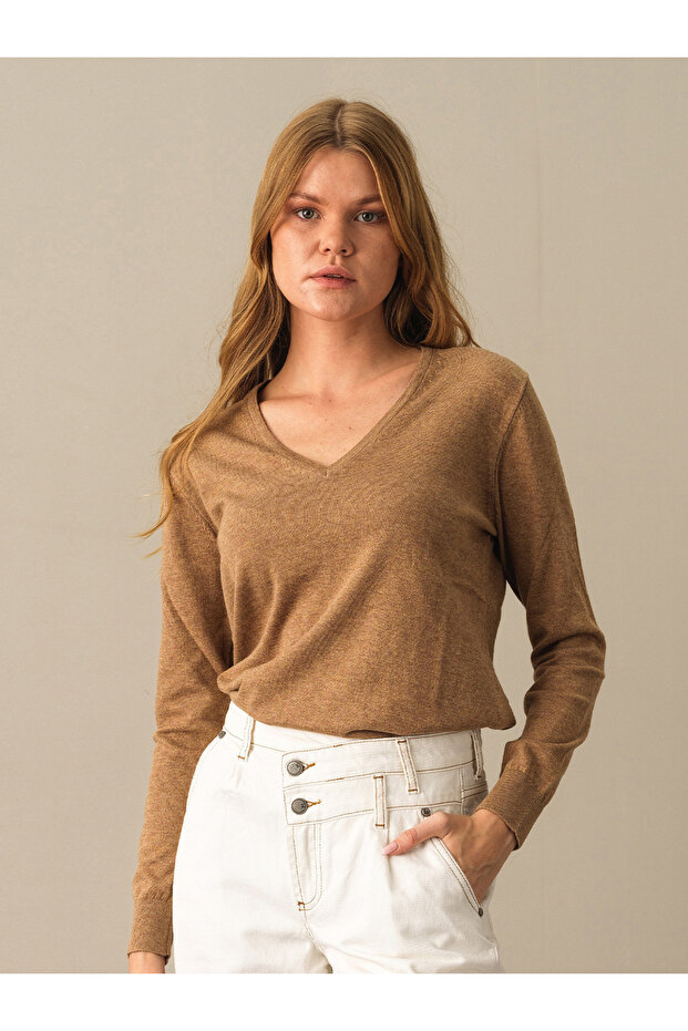 Kadın Camel Regular Fit Basic Kazak - 1