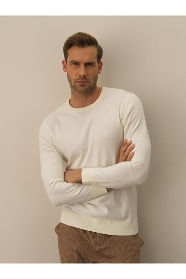 Erkek Ekru Regular Fit Basic Kazak - 1