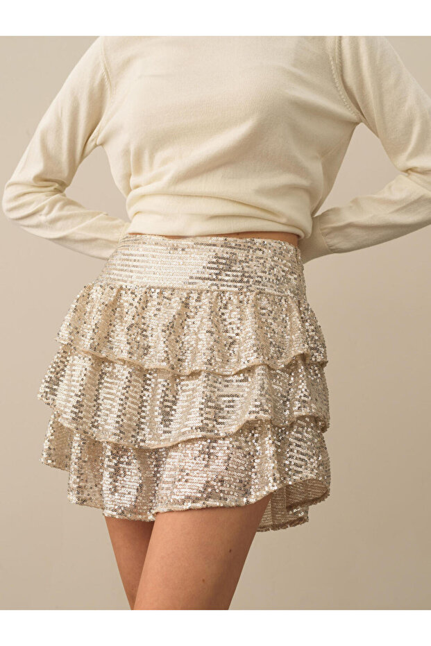 Kadın Bej Regular Fit Pullu Şortlu Etek - 1