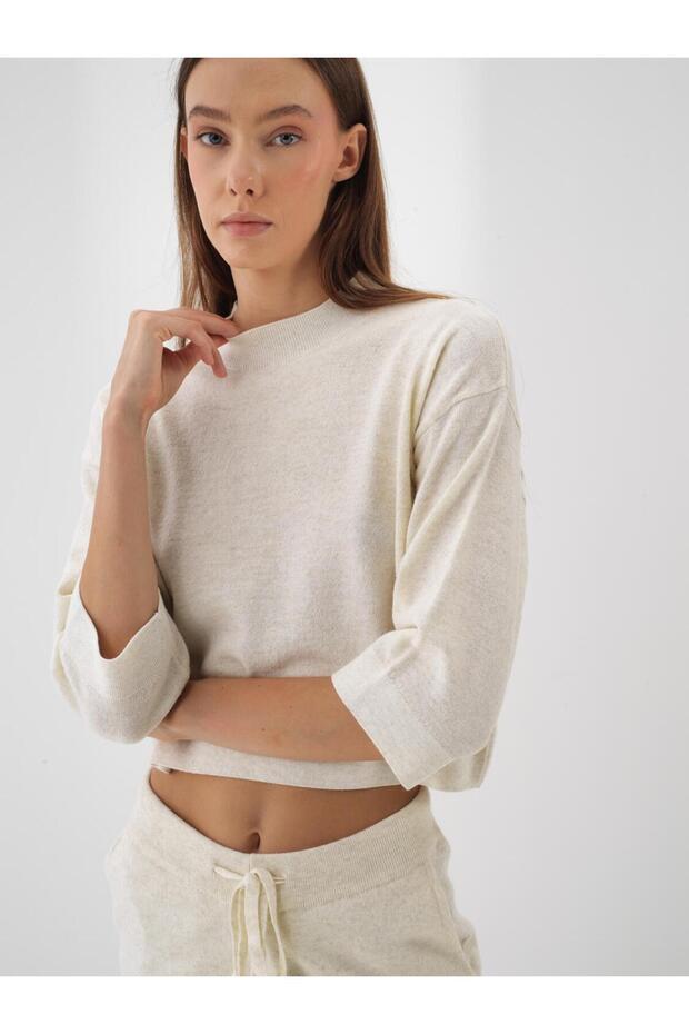 Kadın Ekru Yünlü Basic Düz Kazak - 1