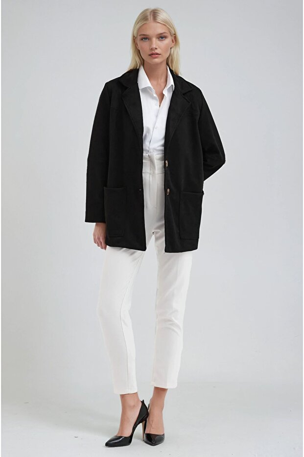 Siyah Düğmeli Basic Süet Blazer Ceket 6174 - 4