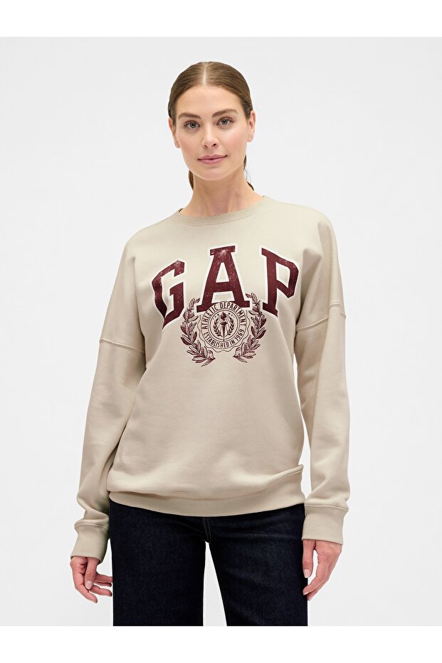 Kadın Krem Oversized Grafik Sweatshirt - 1