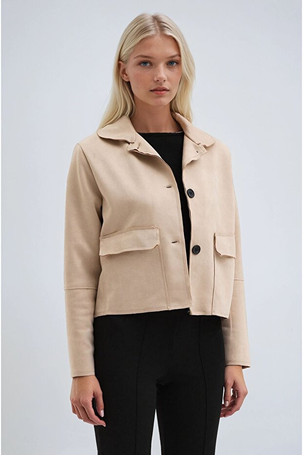 سترة قصيرة أساسية من الجلد المدبوغ بأزرار بيج 6176 - 3