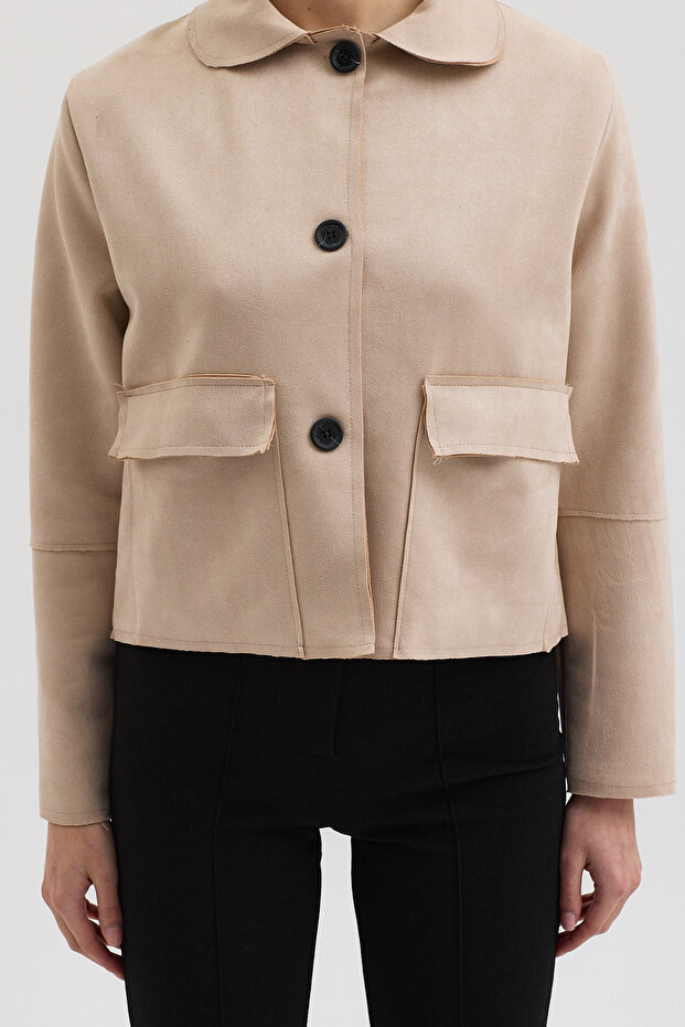 سترة قصيرة أساسية من الجلد المدبوغ بأزرار بيج 6176 - 6