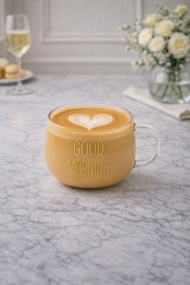 Gold Written Good Morning 400ml Borosilicate Glass Mug and Presentation Holder 1 Piece
