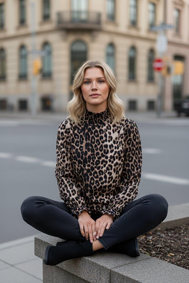 Turtleneck Gipeli Leopard Patterned Single Jersey Blouse - Leopard - 4