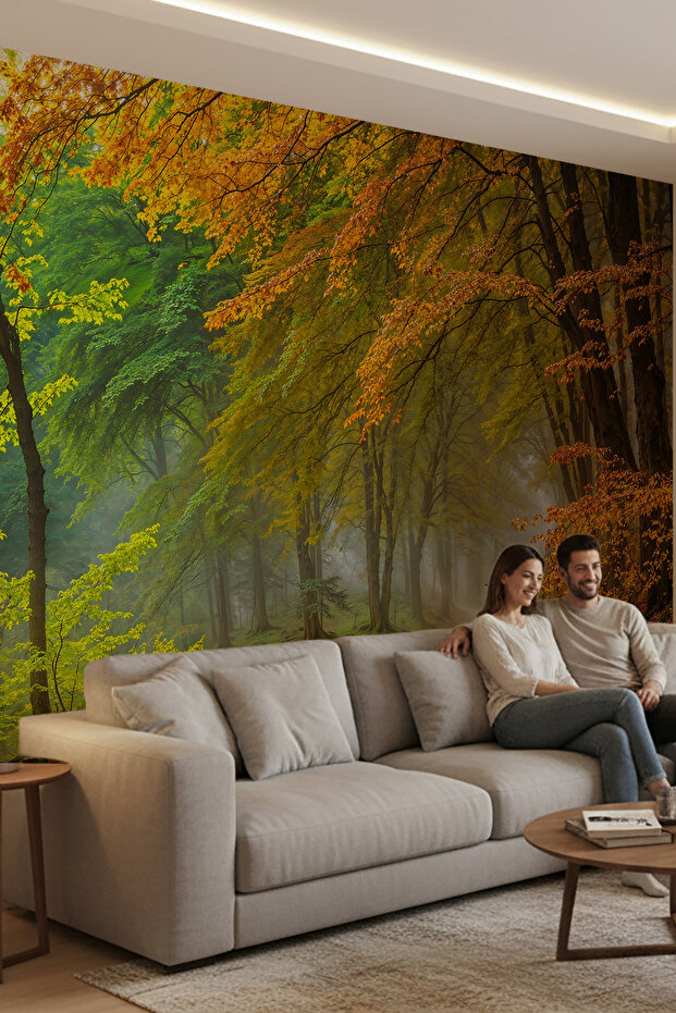 Sisli Ormanda Sonbahar Manzaralı Tekstil Duvar Kağıdı - 4