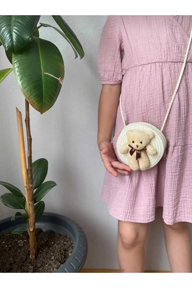 Straw Girl's Bag with Teddy Bear (Size 12X12)