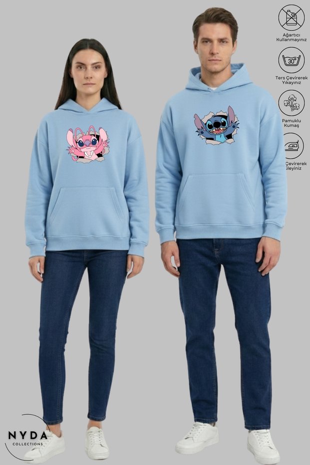 Dear Couple Combination Stitch and Angel Printed Hoodie Hooded Fleece-Lined Oversized Sweatshirt 2-Piece Set