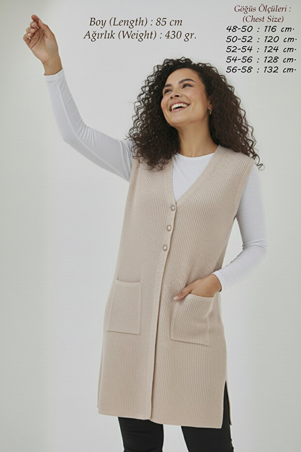 Women's Knitwear Plus Size Vest Corded Fabric Mother Ecru Long Vest
