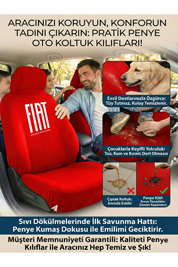 Fiat Idea Compatible Car Seat Cover Basic Set Red Combed Cotton - 5