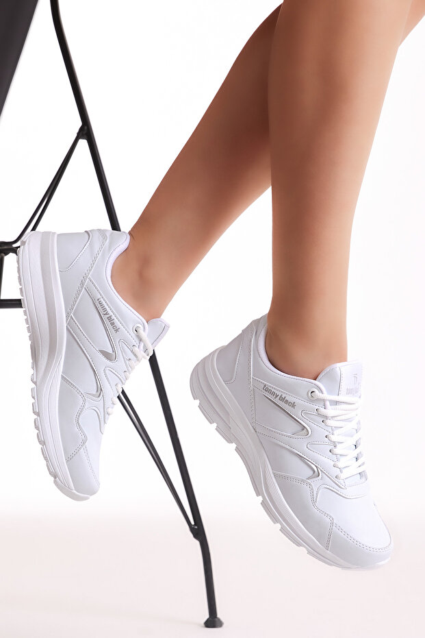 Unisex Beyaz Poli Taban Nefes Alabilen Kumaş Bağcıklı Spor Ayakkabı - 1