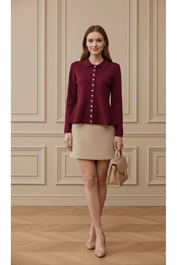 Peter Pan collar Slim Fit Long Sleeve Gold Buttoned Flounced Peplum Hem Women's Cardigan