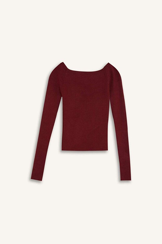 Fitted Open Shoulder Basic Plain Burgundy Strickpullover E0314AX24WN - 6