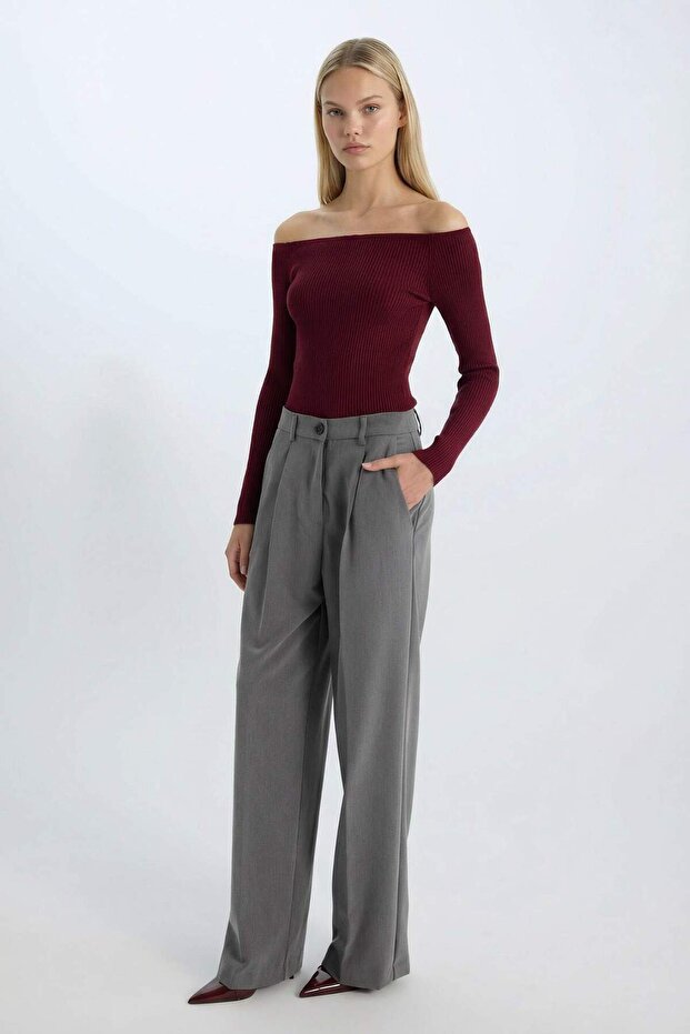 Fitted Open Shoulder Basic Plain Burgundy Strickpullover E0314AX24WN - 2