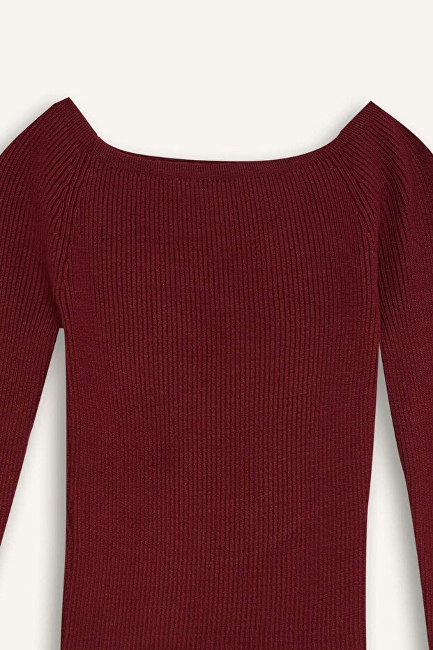 Fitted Open Shoulder Basic Plain Burgundy Strickpullover E0314AX24WN - 7