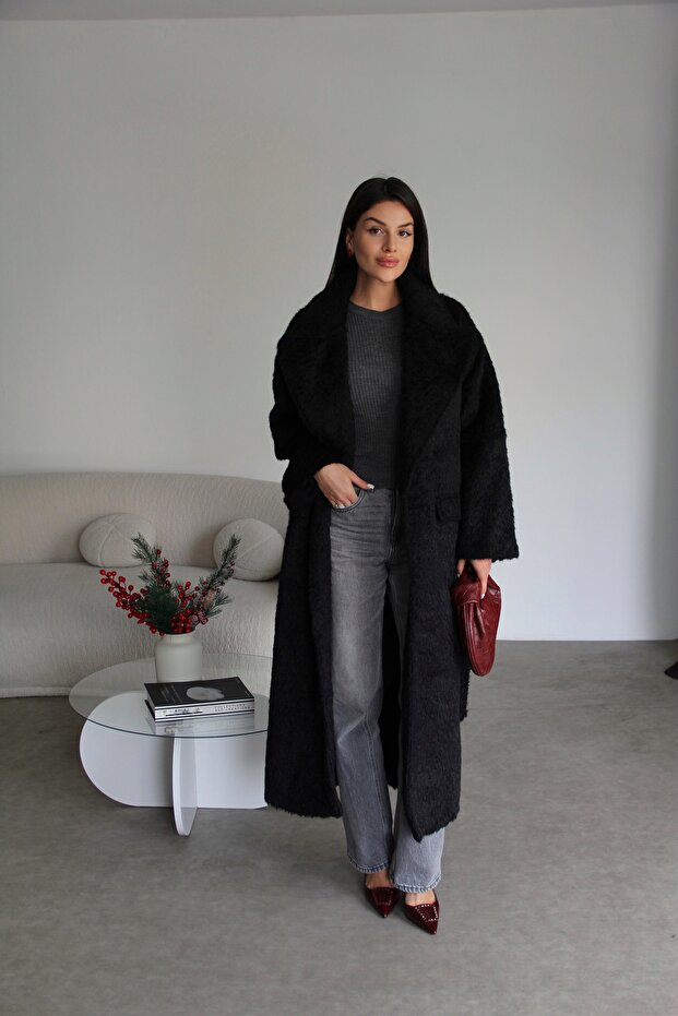 Black Special Textured Belted Oversized (Bol) Lined Premium Long Wool Coat